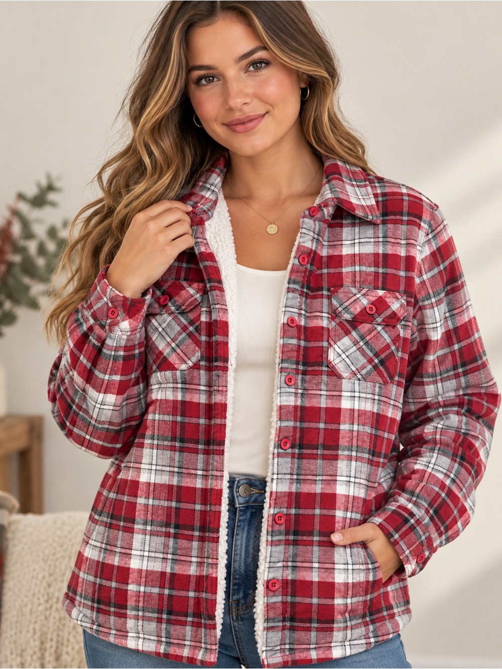North River Outfitters Fleece Shacket Red Plaid
